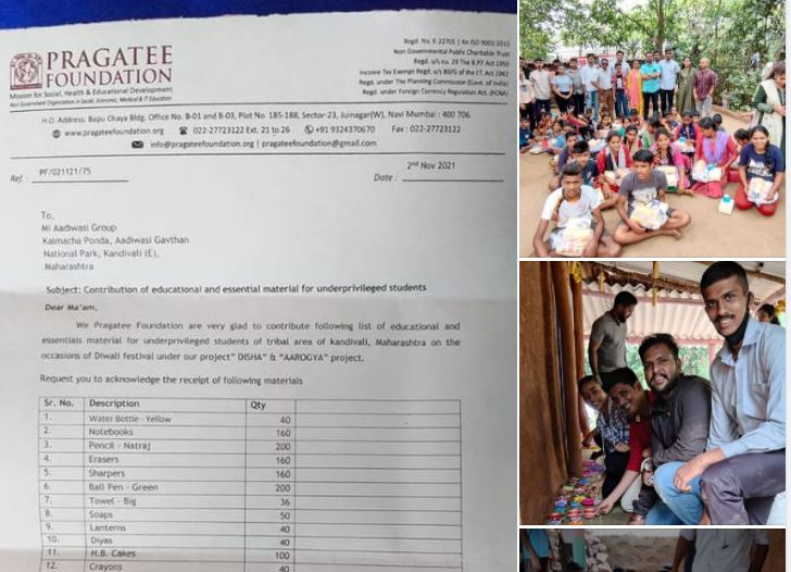 PragateeNGO's tweet photo. 6th November, 2021 - Pragati Foundation, Shri Hariharputra Bhajan Samaj, Sankalp Group, and Astrid Foundation came together  and Diwali Faraal,  Lanterns and Diyas were distributed to the tribal children https://t.co/cntz7knl03