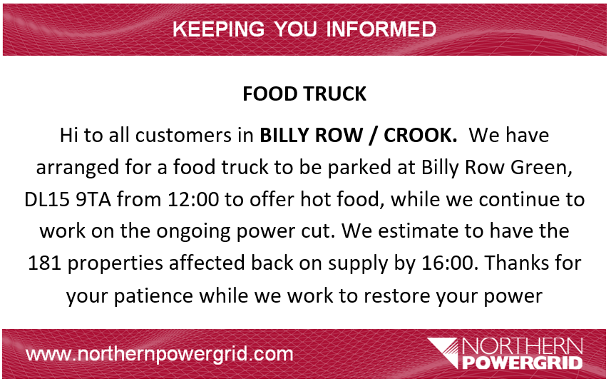 Northpowergrid's tweet photo. #PowerCut #DL15 #BillyRow #Crook #FoodTruck #TeamPowergrid https://t.co/X3ipVcrCcW