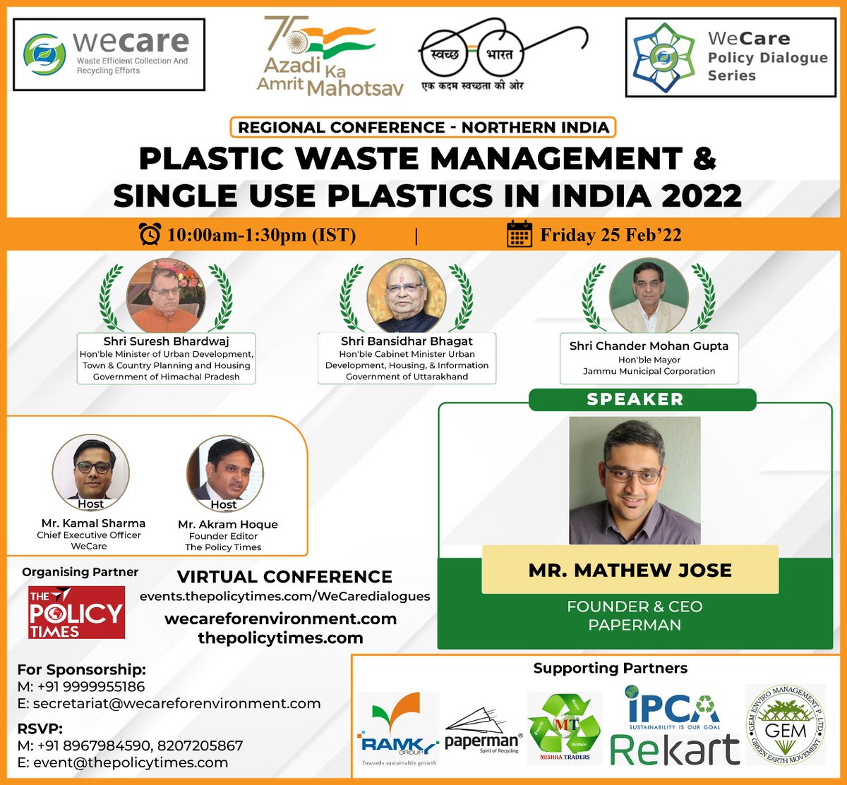 Mr. <a href="/mathewjose87/">Mathew Jose</a> Founder &amp; CEO <a href="/Papermandotin/">Paperman</a>
will speak at Virtual Regional Conference -- Northern India on #Plasticwastemanagement &amp; Single-Use Plastics in India 2022 
Reg: docs.google.com/forms/d/e/1FAI…
<a href="/WeCare4Env/">Waste Efficient Collection and Recycling Efforts</a> <a href="/control_indian/">Indian Pollution Control Association</a> <a href="/spsubudhi/">Dr SP Subudhi</a>