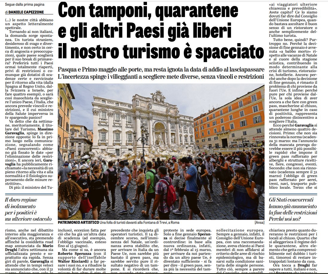 OrtigiaP's tweet photo. I turisti prenotano per Pasqua e 1 maggio in tutta Europa tranne che in Italia che, grazie al greenpass, impone restrizioni ai turisti, Hotel chiusi a Roma. Una politica cieca voluta da #Draghi e dal suo bellissimo ministro #Speranza. Quarantene mascherine e tamponi.TURISMO MORTO https://t.co/DNl0KstMHU