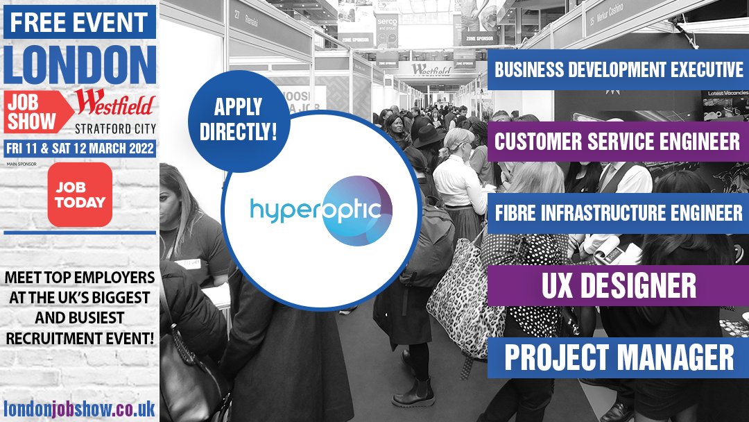 We are really excited to announce that Hyperoptic are exhibiting at the upcoming #londonjobshow in Stratford in March!

Here are some of the main job roles that they are recruiting for at the event!

For more info - londonjobshow.co.uk/.../sponsors..…