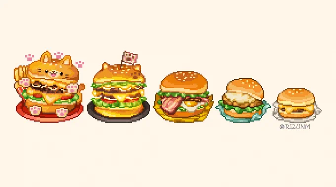 マイクリさん(@mycryptoheroes)のご依頼でハンバーガーのドット絵を描きました。描くのが楽しかったです🍔🐱✨ 