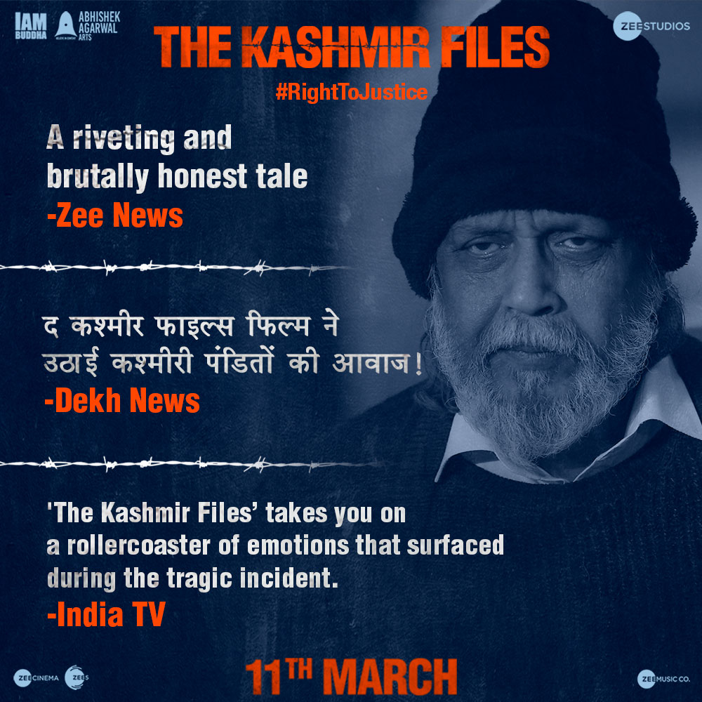 KashmirFiles's tweet photo. #TheKashmirFilesTrailer has left everyone astounded by bringing the gritty tale of Kashmir on the screen.
Check out the trailer now.
https://t.co/8f4TdUnqvp
#TheKashmirFiles releasing on 11th March ONLY IN THEATRES.

#RightToJustice https://t.co/0YHMrmjwr6