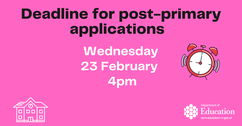 Don't miss the deadline to apply for a post-primary school place. Parents/guardians of P7 pupils should apply through the online portal before it closes at 4pm on Wednesday 23 February. Read more: bit.ly/3vbIUWl