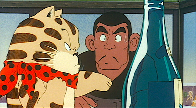 2022年2月22日 #猫の日 だそうなので。
#高畑勲 監督作品『#じゃりン子チエ』(1981年)より。
アントニオJr.が一升瓶に手刀を繰り出す直前の集中。 
原画は #田中敦子 さんではないかと。
本番では横座りのテツが正面を向く動きがより早めになっています。このカットの作監修正は #小田部羊一 さん。 