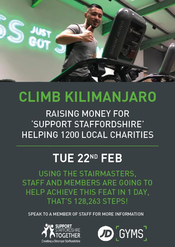 What a fantastic challenge to take on while raising funds for @SupportStaffs staff and members at <a href="/JDGyms/">JD GYMS</a> #Wolverhampton are climbing #kilimanjaro today on the stairmasters! We're rooting for them justgiving.com/JDGymsWolves 
#thankyou 
#charitychallenge #communitysupport