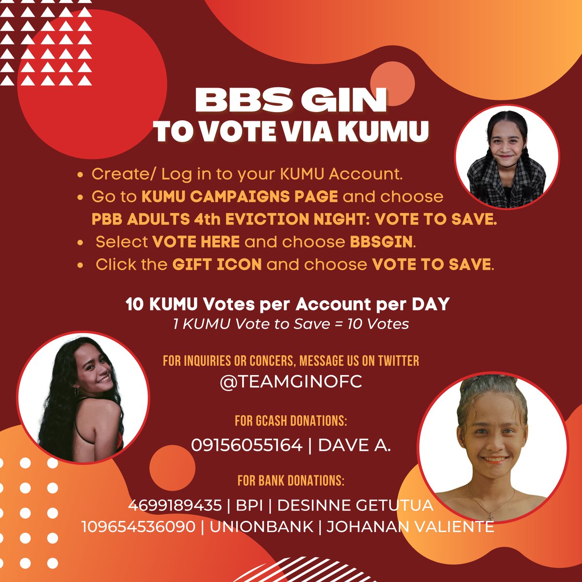 TeamMichaelOFC's tweet image. You have the power to SAVE GIN!

To vote via Kumu and to donate to their team, please refer to the photo below.

#PBBAdult4thNomi | BBS GIN