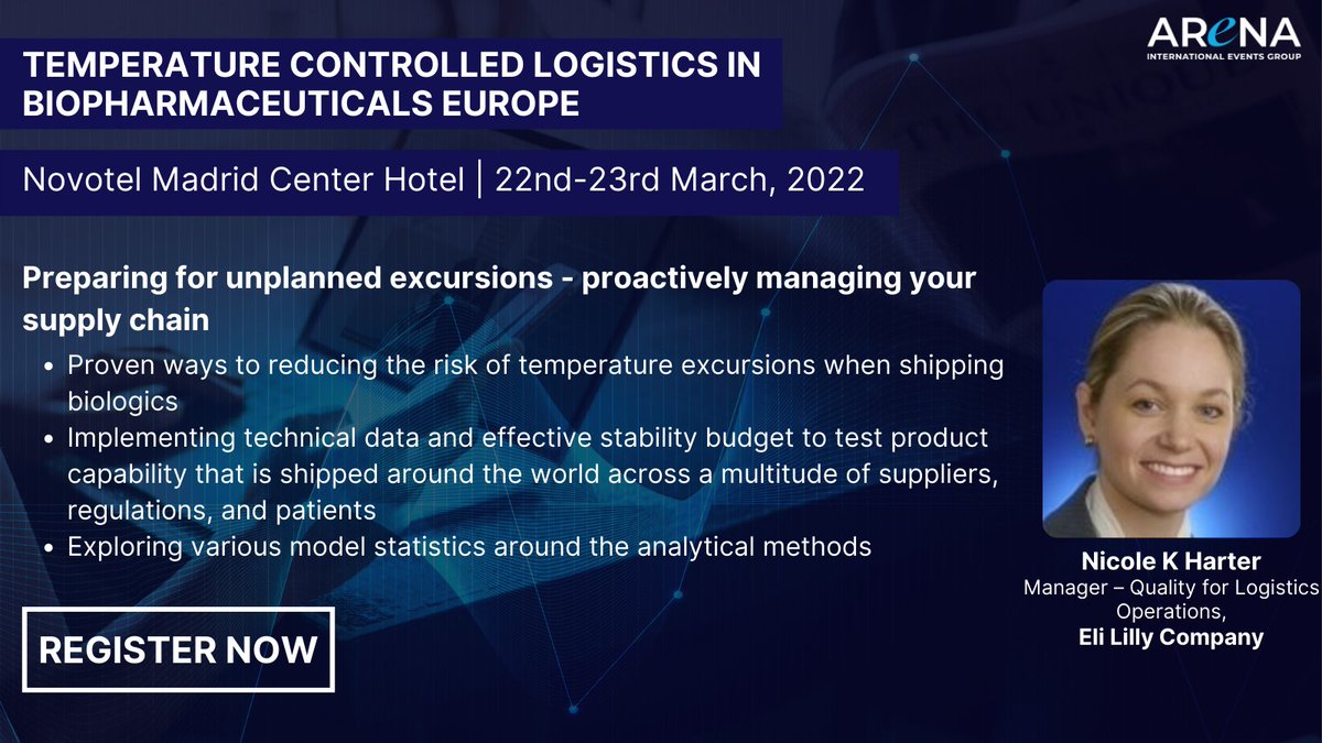 ArenaIntPharma (@arenaintpharma) on Twitter photo Join <a href="/Knharter/">K. Nicole Harter</a> from <a href="/EliLillyCompany/">Eli Lilly and Company</a> in Madrid on 22nd-23rd March, as she gives her insight on preparation of unplanned excursions.
Register here: bit.ly/339jvAU
Use Code: MPMK
#biopharma #temperaturecontroll #biopharmaceuticals #europe #pharma #supplychain Join <a href="/Knharter/">K. Nicole Harter</a> from <a href="/EliLillyCompany/">Eli Lilly and Company</a> in Madrid on 22nd-23rd March, as she gives her insight on preparation of unplanned excursions.
Register here: bit.ly/339jvAU
Use Code: MPMK
#biopharma #temperaturecontroll #biopharmaceuticals #europe #pharma #supplychain