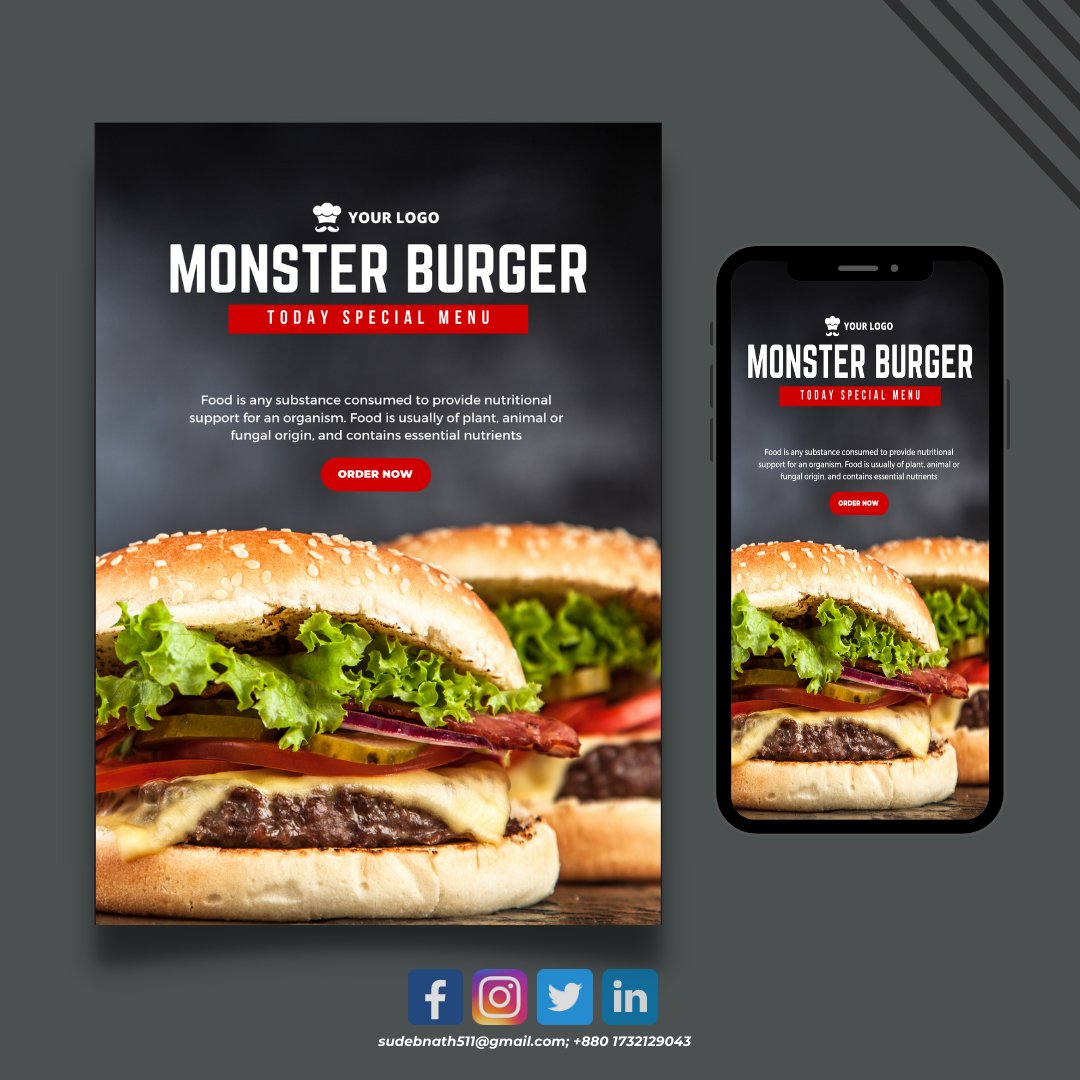 sudebnath4's tweet photo. Food Flyers, Restaurant Flayers, Menu Design 🔥🔥🍔🍟
Did you like this design? 😍 
Yes Or No 👈 Tell me what 🎤 
 Open For Commission 🚻⬇️
 📩📨 Email Or DM For Order 📨📩
➡️ sudebnath511@gmail.com
 📳 +880 1732129043📳
#flyer #flyers #flyerdesign #flyerdesigner #twitch #food https://t.co/CsLE1uEu8I