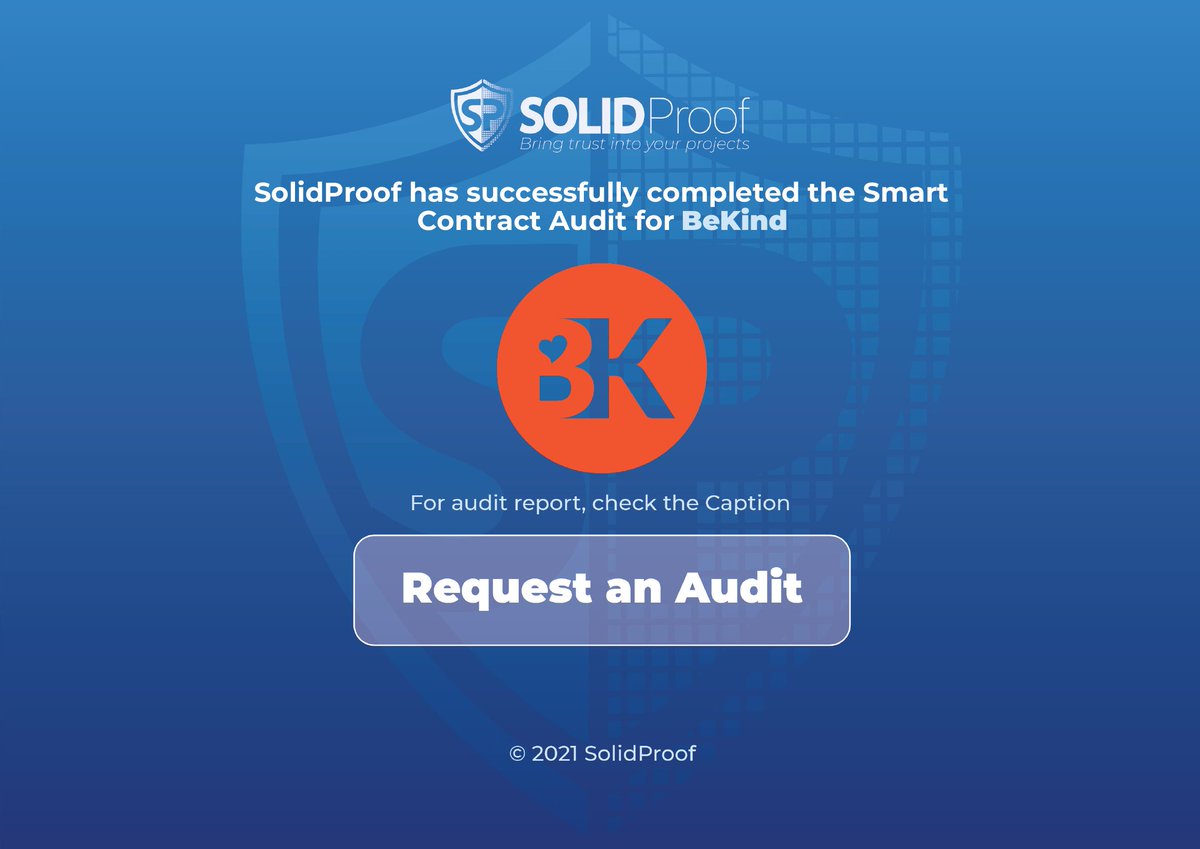 SolidProof_io's tweet photo. We are happy to announce that we have completed the smart contract audit for @TokenBekind 
 
Need an audit?
https://t.co/i3evxJTtOP

Check out the full audit report here:
https://t.co/bY98E3SZb4

#SmartContracts #Blockchain https://t.co/NyhzZMB1Lg