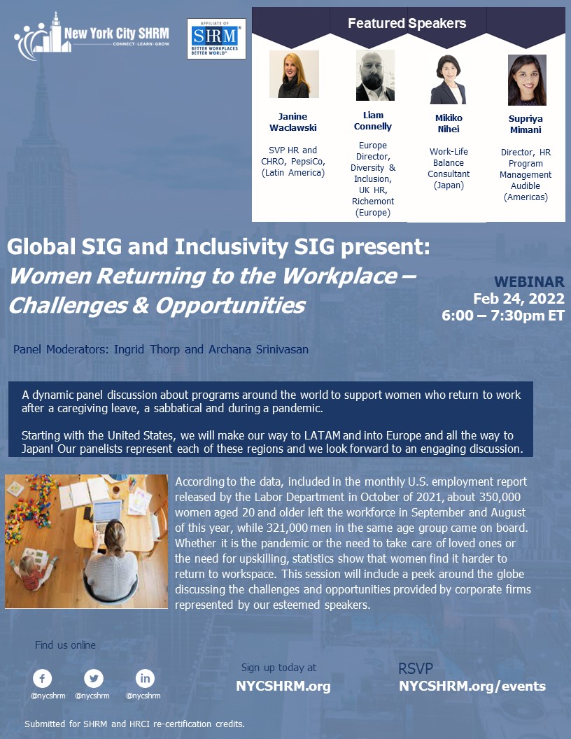 NYCSHRM's tweet photo. Feb 24 6 pm. NYCSHRM #virtual event: "Women Returning to the Workforce: Opportunities and Challenges" #virtualHR #HRCommunity  https://t.co/TrGzQaCLuc via ^VH https://t.co/PzRc6Pzr1c