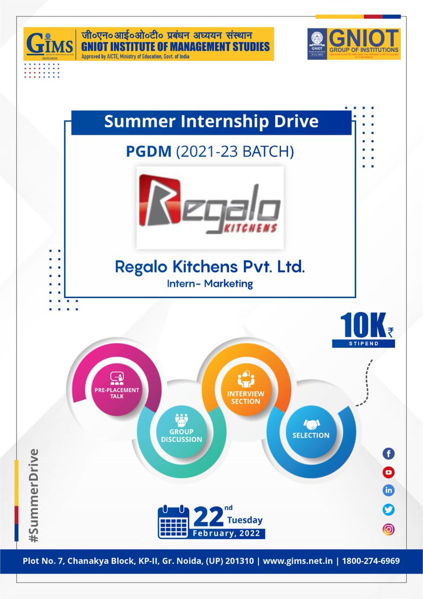 gims_net_in's tweet photo. To provide the Best to its Millennial Managers, GNIOT Institute of Management Studies (GIMS), Greater Noida welcomes Regalo Kitchen https://t.co/r4JG0EMEvb. for Summer Internship Placements on February 22, 2022.
#GIMS #GIMSPGDM #SummerInternship #GIMSPlacement #GNIOTGroup https://t.co/w0h7faq13a