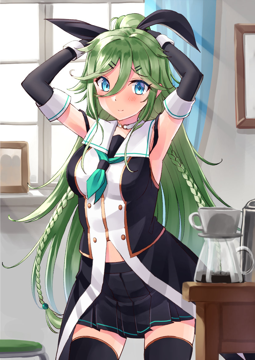 yamakaze (kancolle) 1girl long hair skirt solo thighhighs green neckerchief black serafuku  illustration images