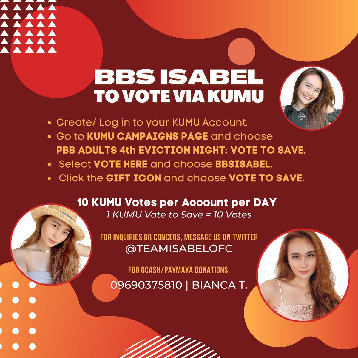 TeamMichaelOFC's tweet image. You have the power to SAVE ISABEL!

To vote via Kumu and to donate to their team, please refer to the photo below.

#PBBAdult4thNomi | BBS ISABEL