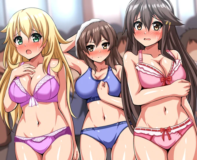 #艦これ  愛宕 加賀 榛名

温泉から帰宅時に服が消失していたので
仕方なく下着だったりバスタオル一枚で帰還しようとする3人というシチュ

pixivリクエストより ありがとうございました 