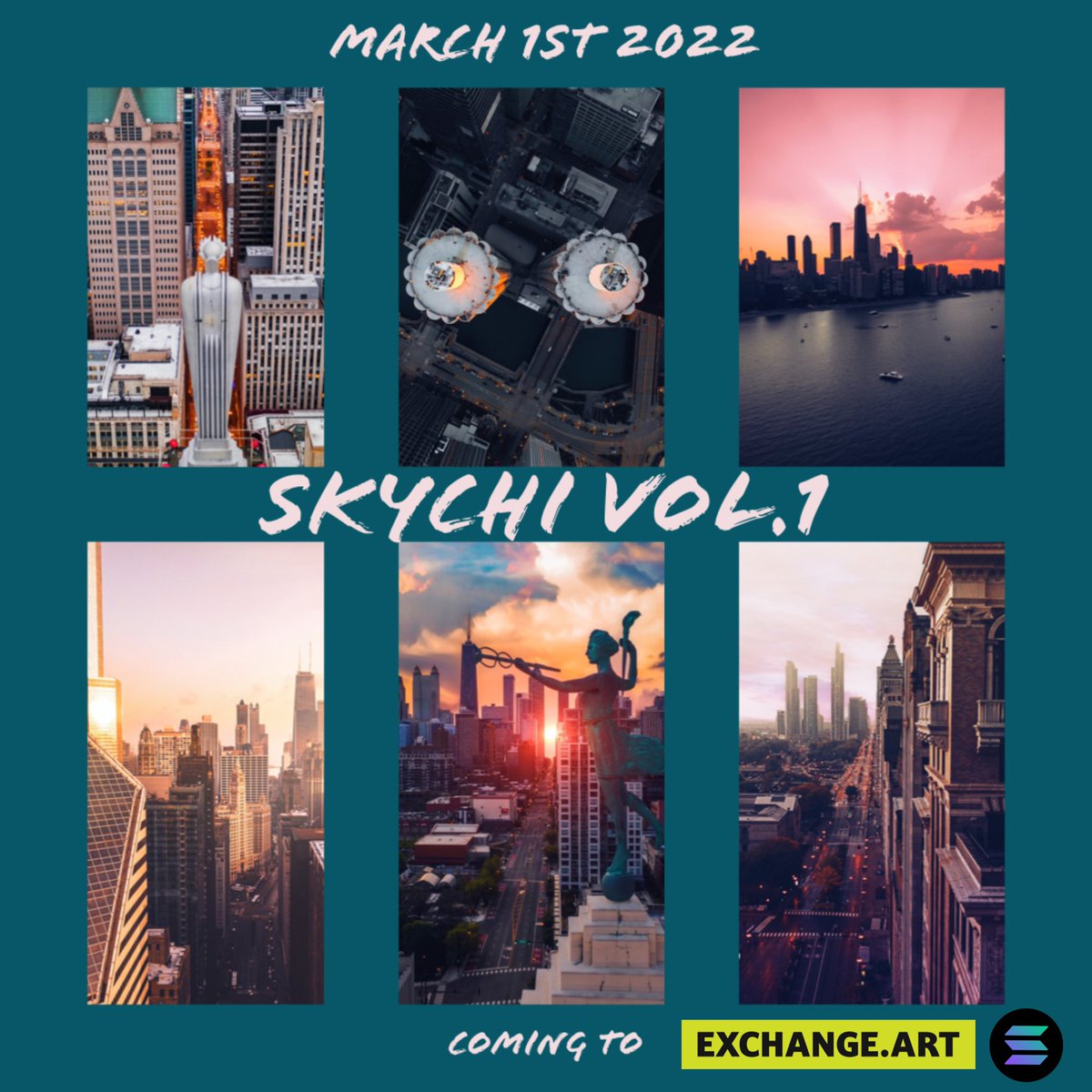 deftony83's tweet photo. Save the Date: March 1st 2022
This is my debut collection on @exchgART powered by @solana 
Collection Title: SkyChi Vol.1
6 pieces portraying 7 years living in the gorgeous city of Chicago and capturing it from above. Appreciate the love #solananfts https://t.co/JGJ6ATbT7V