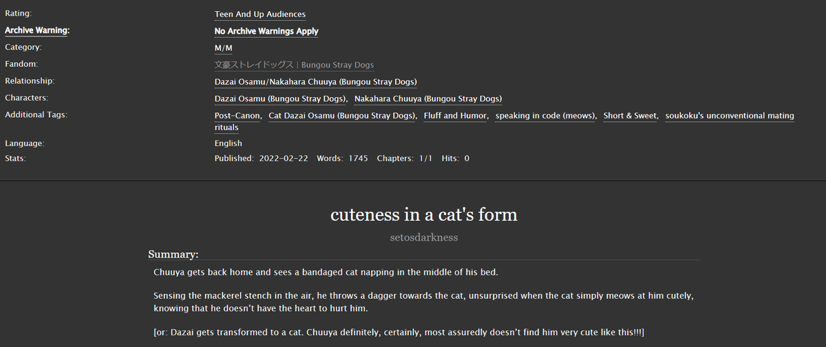 sofuckingmoe's tweet photo. Dazai gets transformed to a cat.
Chuuya definitely, certainly, most assuredly doesn’t find him very cute like this!!!

+ 太中 / DaChuu / happy cat day~~~  (=^･ω･^=)
+ link: https://t.co/d51lQdBPQ9 https://t.co/hoqCQgNdCZ