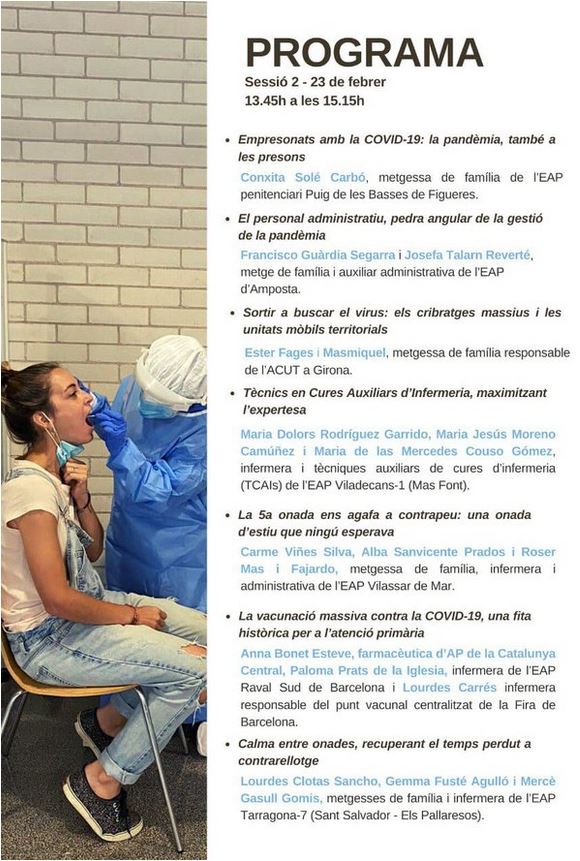 apicstgn's tweet photo. 📣 Demà 🗓️ 23 febrer Segona sessió #ICSMemòriaCOVID 📌 Calma entre onades, recuperant el temps perdut a contrarellotge amb L.Clotas , G. Fusté Agulló i M. Gasull Gomis, metgessa i infermera,
EAP Sant Salvador de #Tarragona
🕐13:45 h
ℹ️ https://t.co/2EqGLRkPct
#2any @apicstgn https://t.co/eRrVsSGmKT