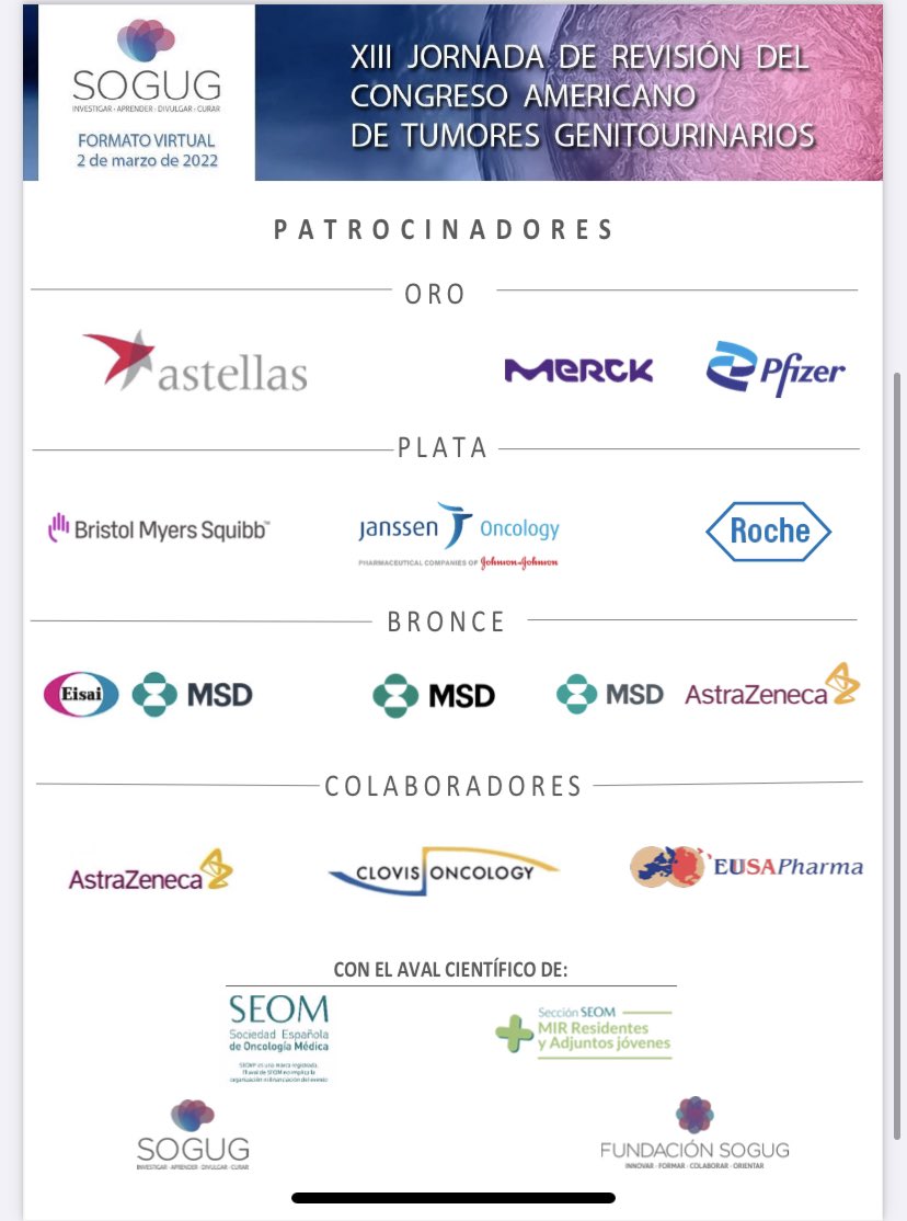 Una vez finalizado ASCO GU 2022 #GU22, os recordamos nuestra XIII Jornada de Revisión del Congreso Americano de Tumores Genitourinarios 2022, el 2 de marzo de 17:00 a 20:00 hs en formato virtual. Inscripciones con los patrocinadores que veis en la fotografía adjunta. Animaos !!