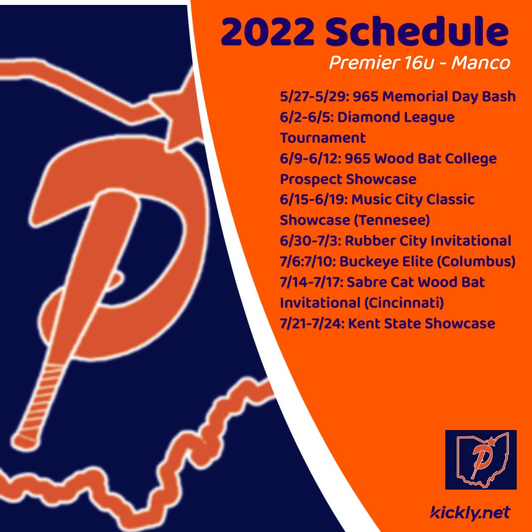 With Baseball officially starting, there’s no better time to drop the 2022 schedule. 👀🔥🔥
<a href="/premierath/">Premier Ohio Baseball</a>
<a href="/965MCTourneys/">Midwest Challenge</a> <a href="/Diamondleaguebb/">diamondbbleague</a> <a href="/MusicCityBB/">Music City Classic</a> <a href="/PSBaseballinc/">Prospect Select</a> <a href="/BuckeyeElite/">Buckeye Elite</a> @PBRTournaments