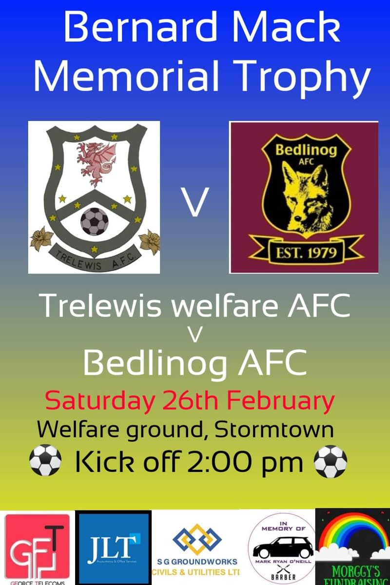 Big local derby this weekend see's us in Cup action against rivals Bedlinog. Home game up the welfare so come and support the lads before we head back to Treharris Rugby club for the Welsh game 💙💛💙💛⚽⚽