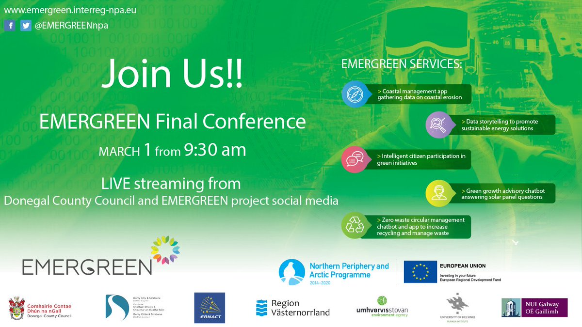 EMERGREENnpa's tweet photo. Are you interested in new emerging #technologies for green public services❓
JOIN US on March 1️⃣st for the #EMERGREENproject Closing Conference, which will take place live & #virtual from #Donegal, Ireland 🇮🇪❗️
🔴LIVE streaming at @donegalcouncil & #EMERGREEN social media‼️ https://t.co/FdNsF7OqNO