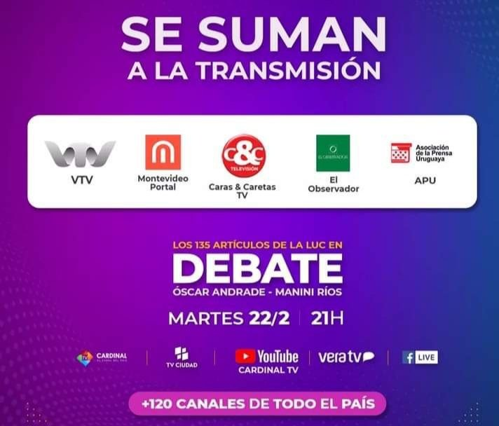 apu_uy's tweet photo. ATENCIÓN COMPAÑEROS/AS EN TODO EL PAÍS!!
Esta noche, a partir de la hora 21, el portal @apu_uy retransmitirá el debate sobre la #LUC entre @Oandradelallana y @GuidoManiniRios en #CardinalTv con autorización de @CUTAUY. ¡L@s esperam@s! https://t.co/h9SIDYNmso