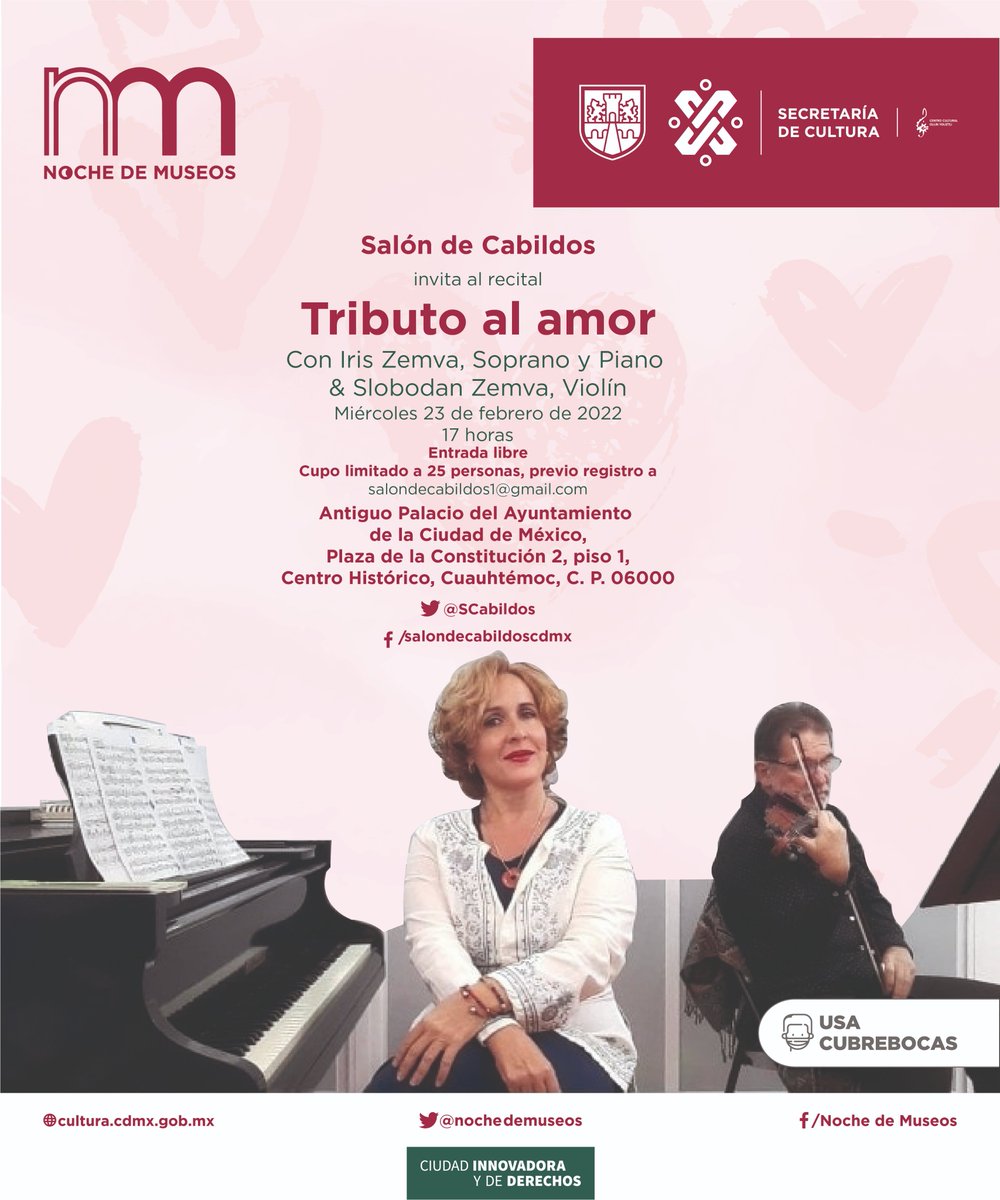 SCabildos's tweet photo. Recuerden que mañana tenemos el recital Tributo al amor a las 17 h, en el marco de la #NocheDeMuseos en colaboración con el #CCOY
¡Les esperamos! 
Entrada libre
Cupo limitado
Previo registro a salondecabildos1@gmail.com
@CulturaCiudadMx 
@OllinYoliztli 
#SalonDeCabildos https://t.co/KWYfi2fxxr