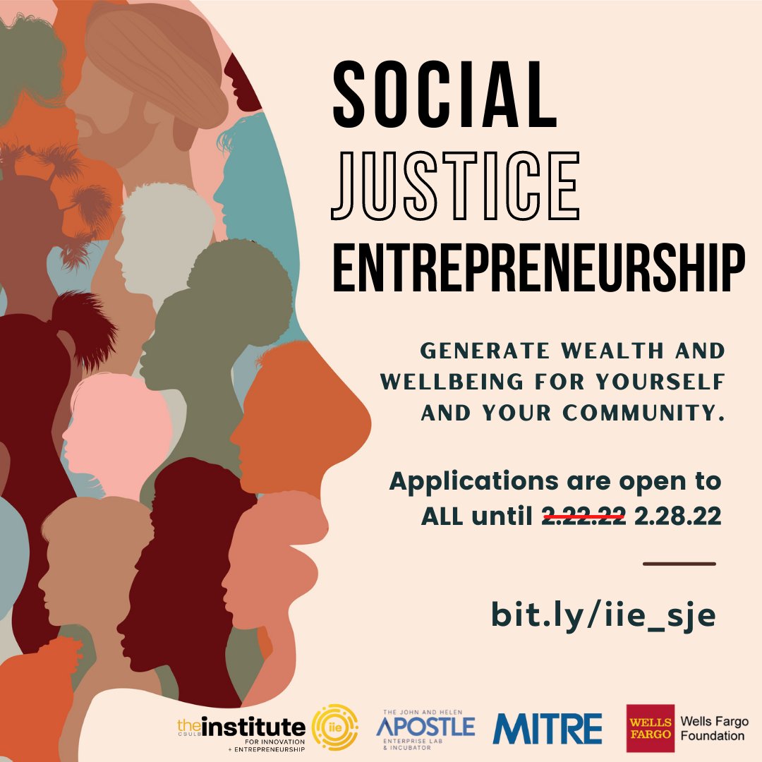 The Social Justice Entrepreneurship application deadline has been extended to 2.28.22! All are welcome to apply for this free program and all applicants will have a chance to pitch and win a $5,000 cash prize. 

Apply at bit.ly/iie_sje