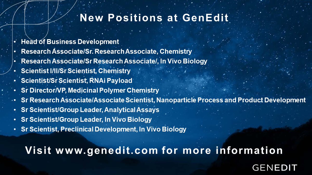 The GenEdit team is growing! We are looking for motivated individuals who wish to make an impact to join our team! To view a list of our openings: genedit.com/join-us/

#hiring #opportunities #startuphiring #Nanogalaxy
