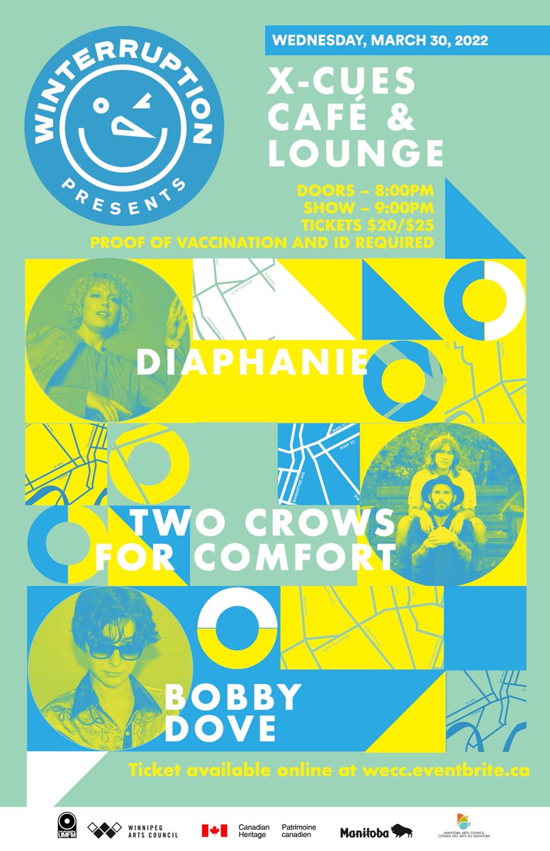 WNTRPTN_wpg's tweet photo. Wednesday March 30th we have some fantastic tunes from @real_diaphanie Two Crows for Comfort and @bobby_dove at X-cues.
Tickets available at https://t.co/d2eLgdqa6h
#winterruption #winterruptionwpg #wntrptn2022 #livemusic #concertseries #diaphanie #bobbydove #twocrowsforcomfort https://t.co/a7KRiaal9T