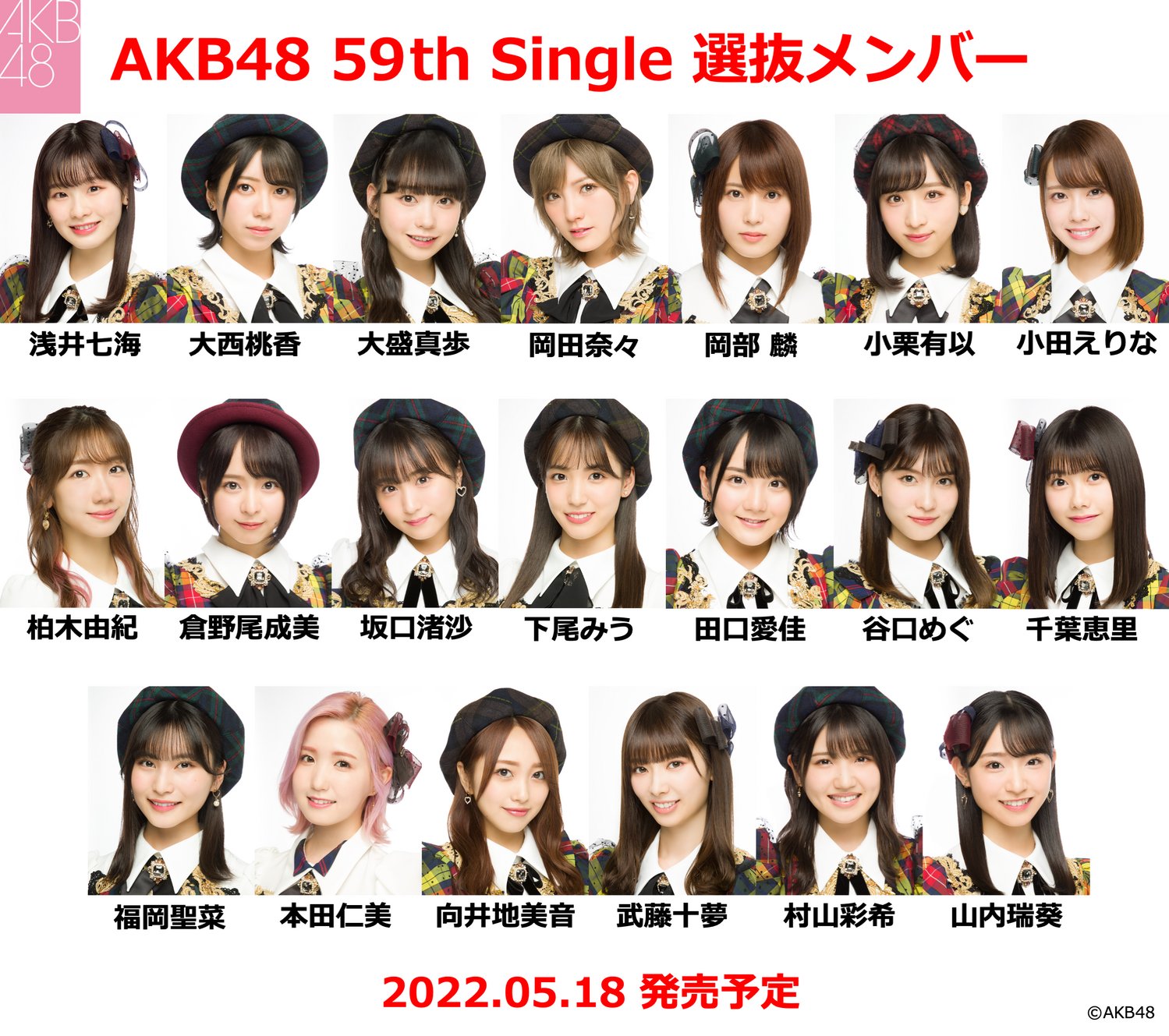 Akb48公式 速 報 Akb48 59thシングル 5月18日 発売決定 選抜メンバーはコチラの名 浅井七海 大盛真歩 田口愛佳 が初選抜 センターは 本田仁美 が務めます そしてなんと 明日の テレ東音楽祭 は Mv撮影現場