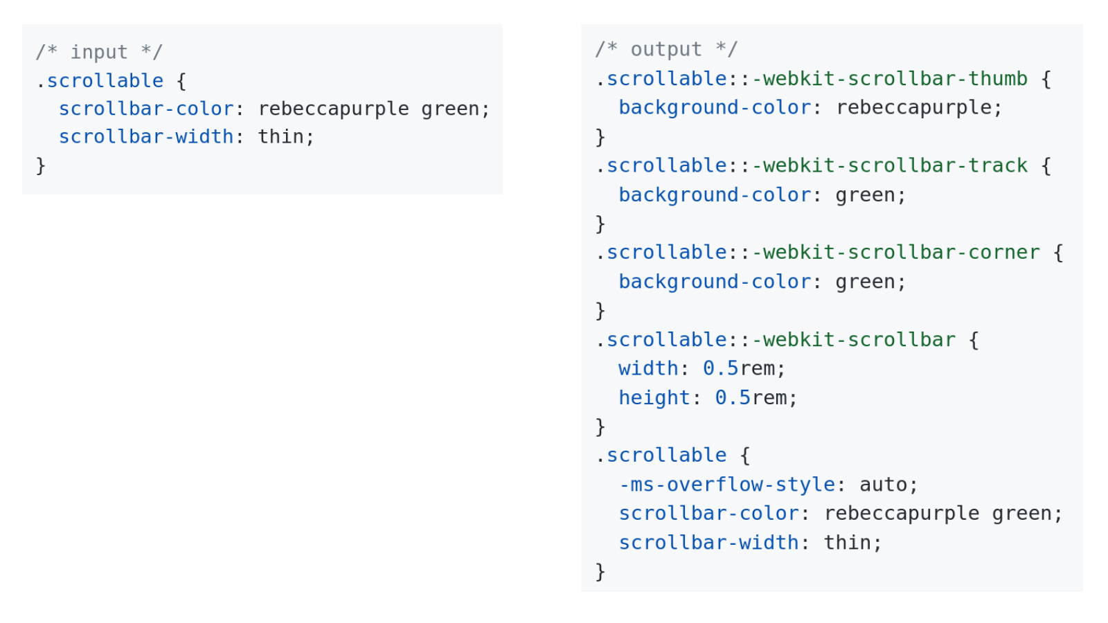 PostCSS on Twitter: "Cross-browser scrollbar plugin by @pascalduez postcss-scrollbar adds ::-webkit-scrollbar-* rules according to standard scrollbar-color/scrollbar-width properties to make them work in Chrome/Safari and old Edge (Firefox support ... PostCSS on Twitter: "Cross-browser scrollbar plugin by @pascalduez postcss-scrollbar adds ::-webkit-scrollbar-* rules according to standard scrollbar-color/scrollbar-width properties to make them work in Chrome/Safari and old Edge (Firefox support ...