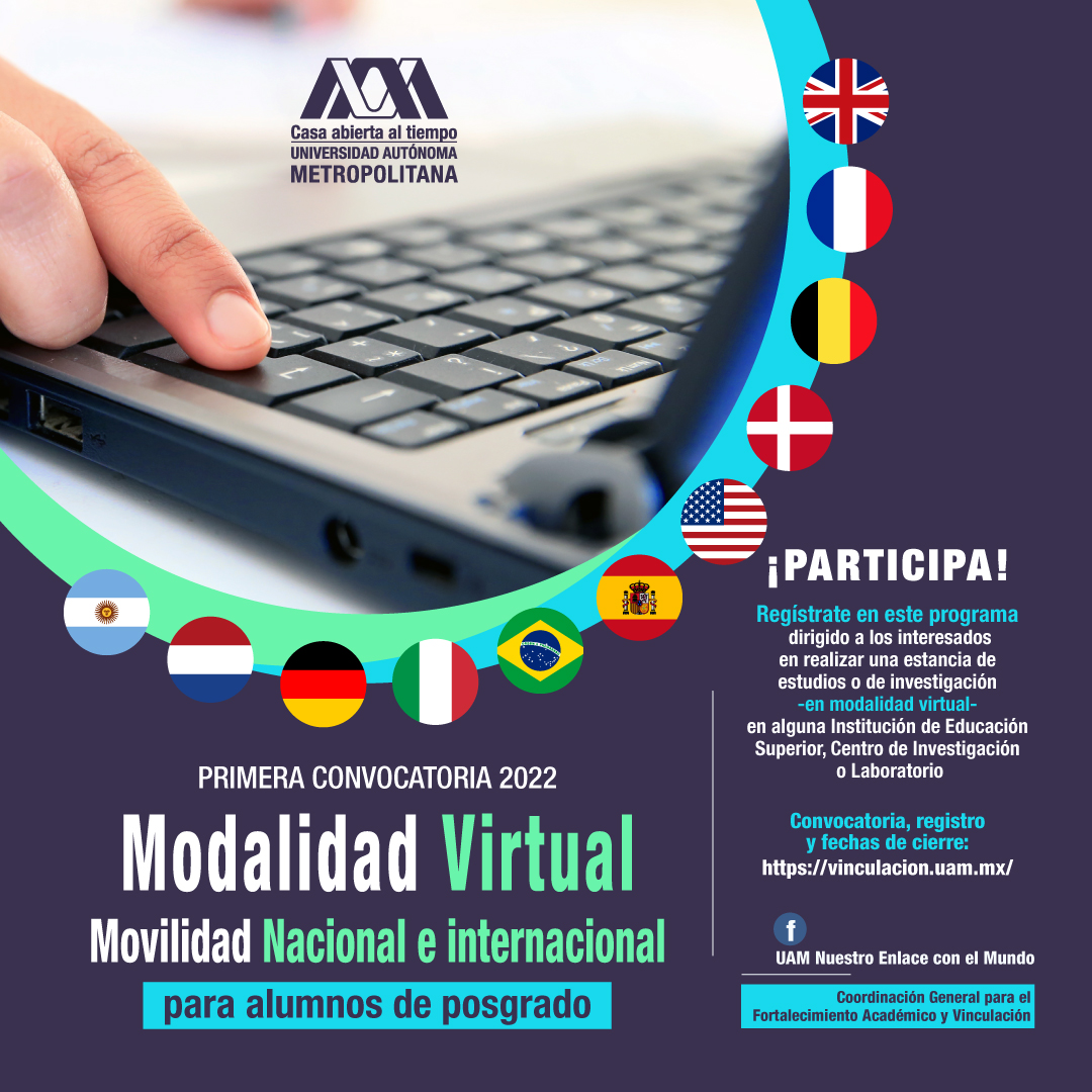 👋 Estudiante de posgrado #SoyUAM 
¿Te interesa realizar una estancia de estudio o de investigación, en modalidad virtual? 
🔗  Nacional bit.ly/2ZAESJD 
Internacional: bit.ly/3xz1pmH
🗓 Cierre: 31 de mayo de 2022
📧 vcastro@correo.xoc.uam.mx
 <a href="/UAM_Comunidad/">UAM Comunidad</a>