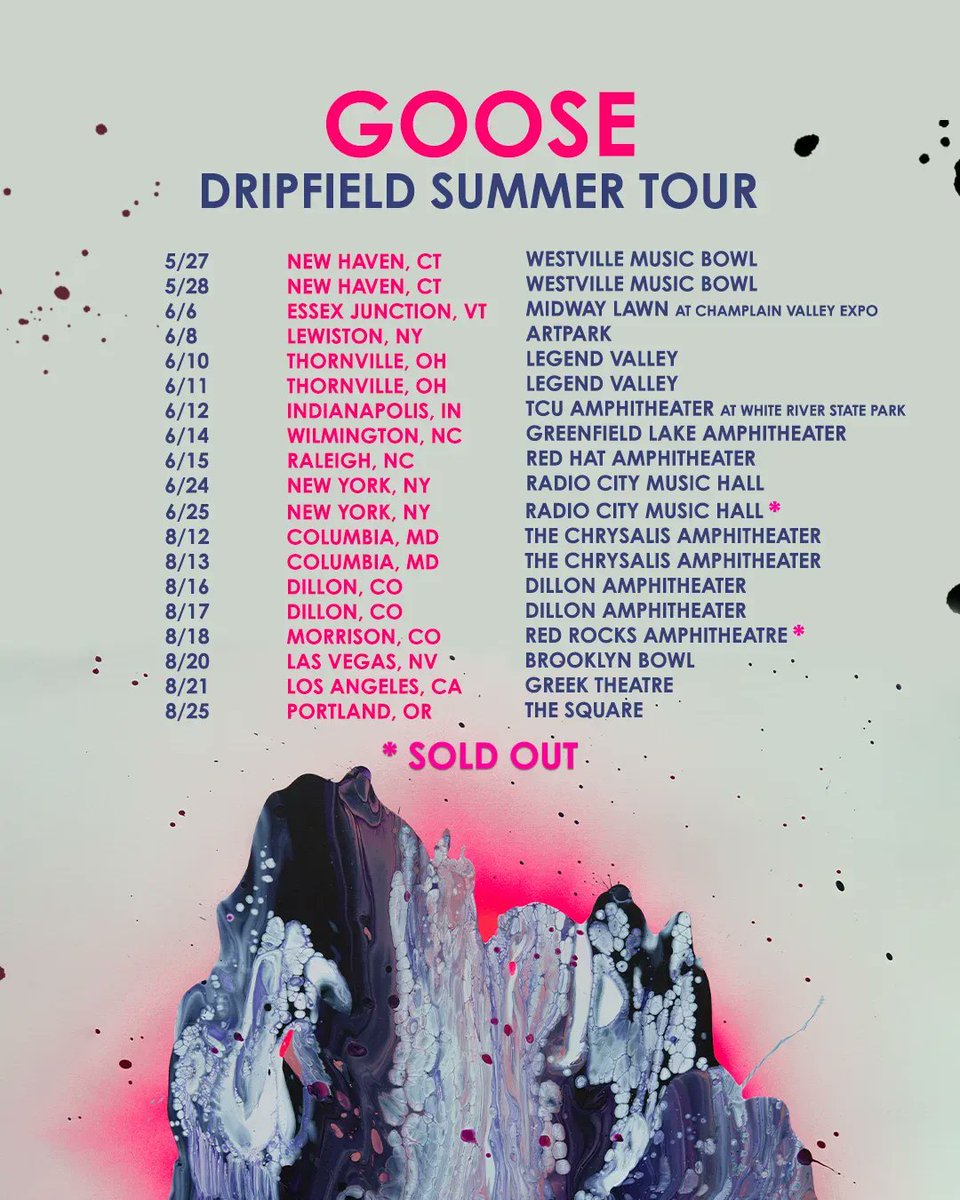 Thrilled to announce DRIPFIELD - our new studio album out June 24th! Official music video and the title single now on all streaming platforms. Vinyl and merch available for preorder on our web store now.

'Dripfield' Summer Tour Dates — onsale this week!

biglink.to/Goose