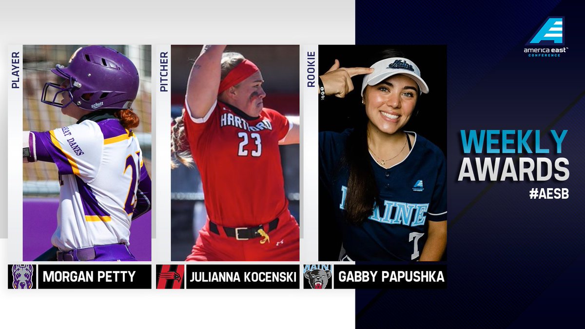 AmericaEast's tweet photo. #AESB weekly awards!

Player: Morgan Petty, @UAlbanySB 
Pitcher: Julianna Kocenski, @HartfordSB 
Rookie: Gabby Papushka, @Maine_Softball 

📰 https://t.co/lYuZHwOROZ https://t.co/EgbkWJILXK