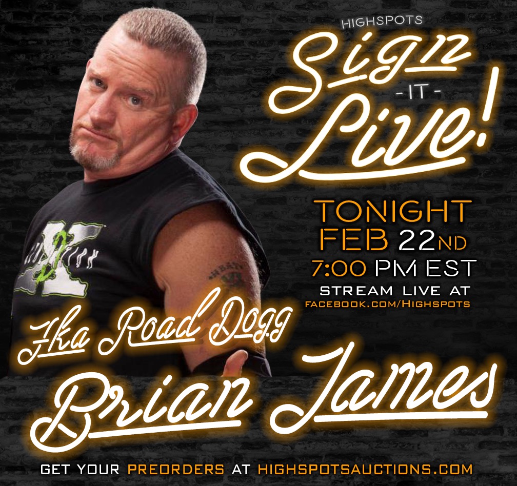 Highspots's tweet photo. Tonight join us for "Sign It Live" at 7pm ET with special guest, @BrianRDJames

All remaining items available for pre-order can be found at https://t.co/HHKzRusWrq.

https://t.co/XxzPkxUFIc 

#BrianJames #RoadDogg #SignItLive #SIL #highspotsauctions #Highspots https://t.co/tElnlqqEnG