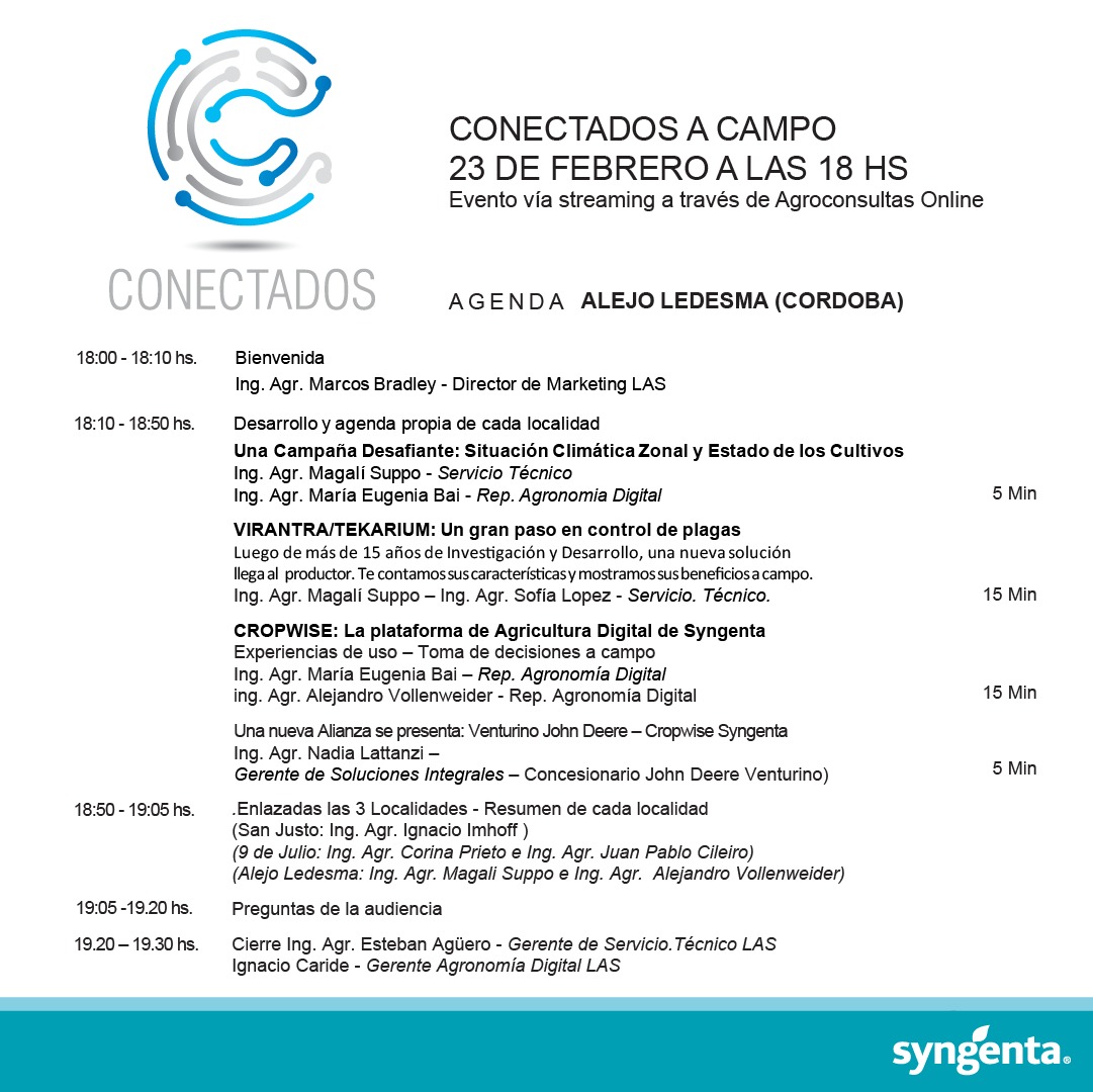 ScandoloNicolas's tweet photo. 📢¡Atención en la zona!
Llegó la agenda #ConectadosACampo de 📍 Alejo Ledesma y no te lo podés perder.
¡Te esperamos este miércoles a las 18hs en la página de @AgroconsultasOnline!
https://t.co/wJKd6hqSMC
@Syngenta_ar
#virantra #cropwise #tekarium #syngenta #agro https://t.co/8hjjz2XIhN