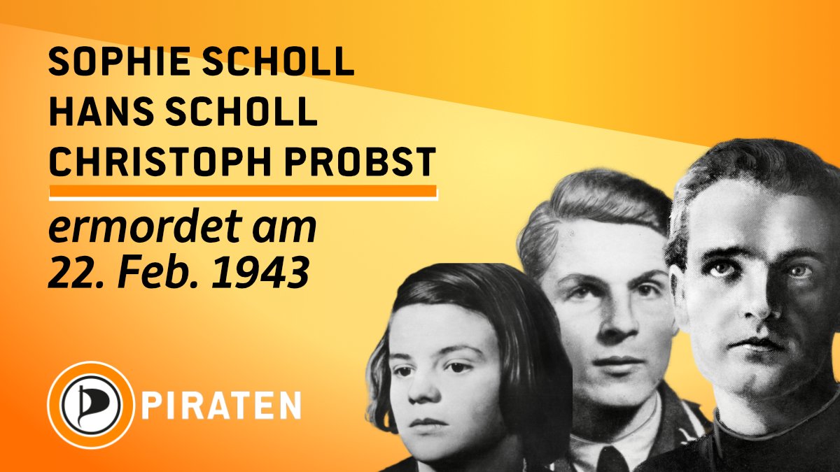 In Gedenken: Am 22. Februar 1943 wurden die Widerstandskämpfer der Gruppe #WeisseRose Christoph Probst, Hans Scholl und Sophie Scholl nach kurzem Prozess durch das NS-Regime hingerichtet. 

#KeinVergessen #NieWieder