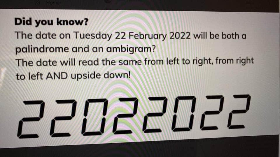 seanjasmins's tweet image. WOW. The date today (Tuesday, Feb 22, 2022) will be both a palindrome and an ambigram. The date will read the same from left to right, right to left AND upside down.