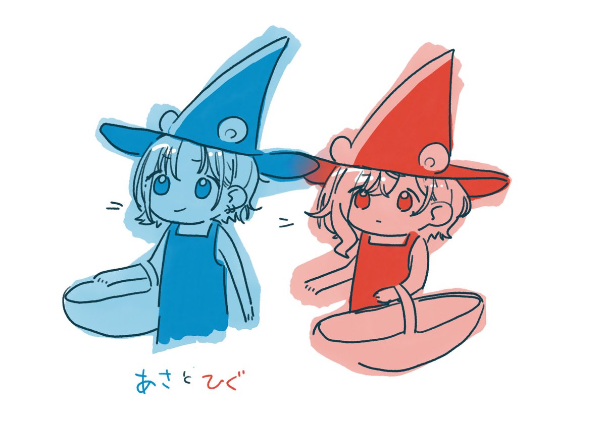 asakura toru 2girls multiple girls hat witch hat white background blue eyes red eyes  illustration images