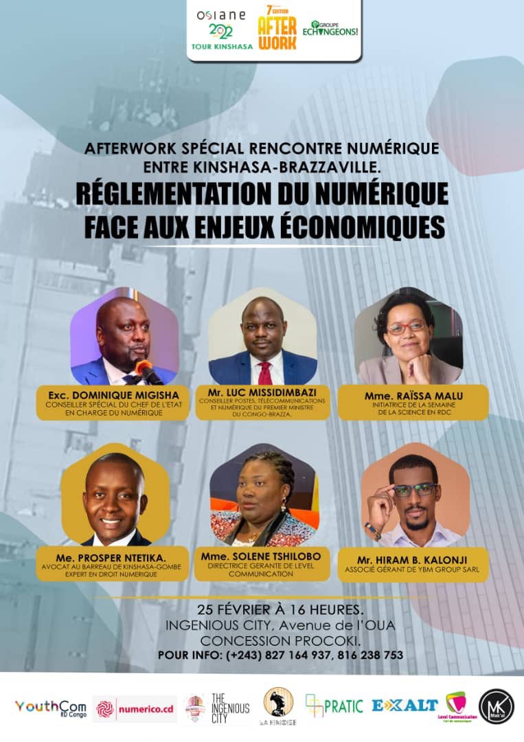 Fabbesana01's tweet photo. Rencontre de deux rives (Kin-Brazza) ce vendredi 25 février 2022 au tour de la Réglementation du Numérique face aux enjeux économiques. 

Le @GEchangeons signe son grand retour en collaboration avec @YOUTHCOM2. https://t.co/gyo7r2uqrt