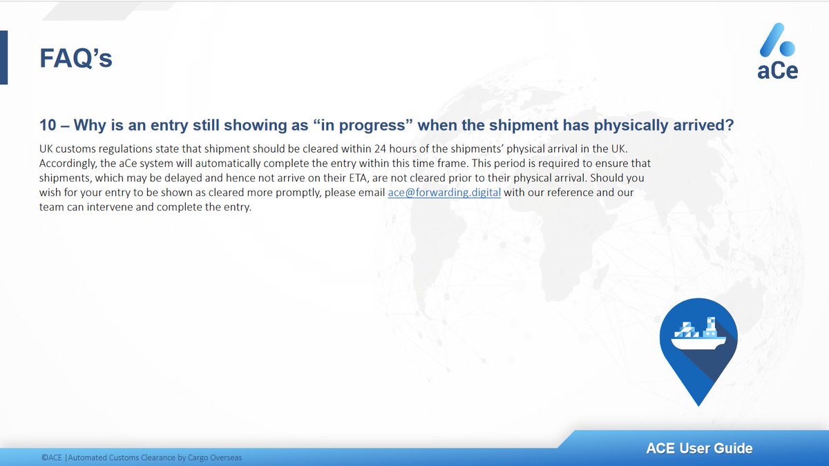 The simple, cost effective solution to the post Brexit Customs clearance problem - aCe Automated Customs Entry. 
cargo-overseas.co.uk
#brexit #customs #customsclearance #freight #cargo #logisticsmanagement #freightforwarding #aCe #Imports #Exports #exporter #logisticssolutions
