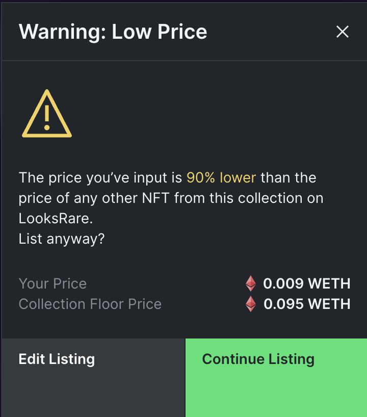 You will now be asked for confirmation if you try to:

1⃣ List an NFT for sale 20% or more below the current collection floor.

2⃣ Accept an offer that is 20% or more below the current collection floor. 

It will be a lot harder to make mistakes when you're half asleep.