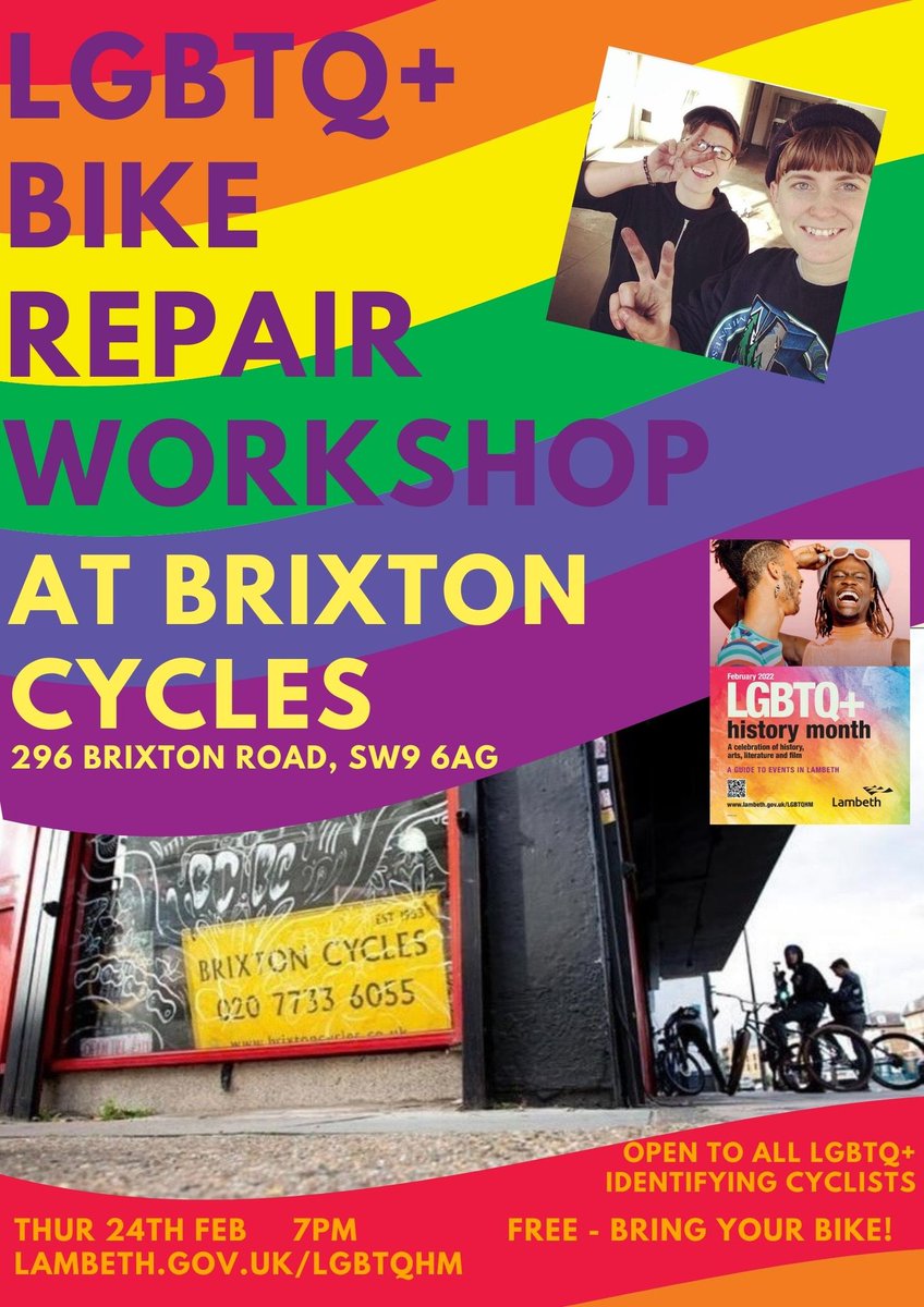 🏳️‍🌈 LGBTQ+ Bike Repair Workshop

Bring your bike for an evening of handy bike maintenance tips, a free bike assessment &amp; general bike chat with the queer co-op members of BC

🚲Brixton Cycles
📅Thursday 24 February
🕖7pm
💷Free

#LGBTHM22 #LGBTplusHM #educateOUTprejudice
