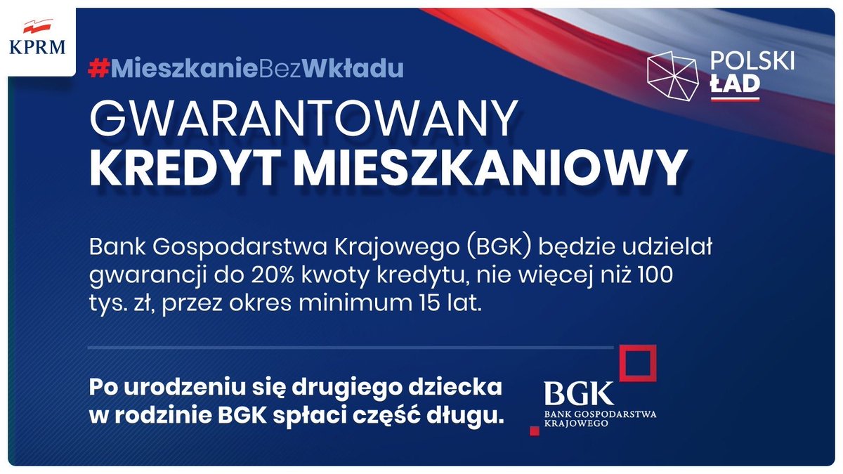 Gwarantowany kredyt mieszkaniowy w 🇵🇱#PolskiŁad. #BGK będzie udzielał gwarancji do 20% kwoty kredytu do 100 tysięcy złotych na okres minimum 15 lat.