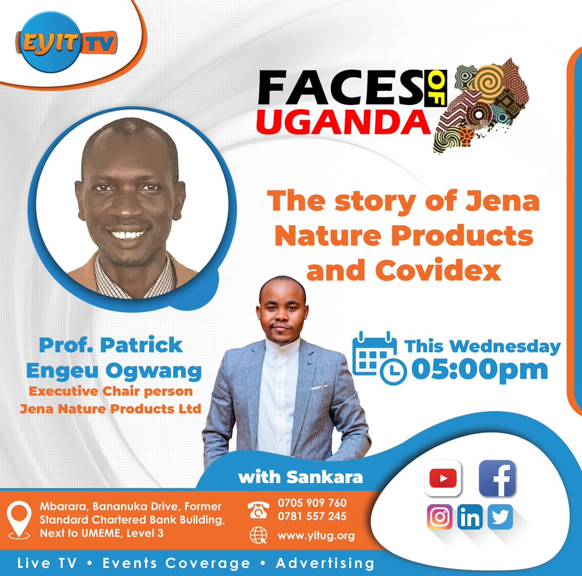 EYIT_TV's tweet photo. The story of Jena Nature Products and Covidex by @EngeuProf
This Wednesday, the 23rd of February 2022 at 5pm only on @EYIT_TV
#FacesOfUganda
#Medication
#HerbalMedicine
#herbsforhealth https://t.co/AuC6gUHer8