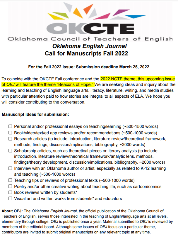 oklacte's tweet photo. #OKCTE Call for Manuscripts! Due: 03/25/22. https://t.co/6dncLzRult #NCTE #NCTEchat #OKLAED #ELAOK https://t.co/dxNcQxGDgo