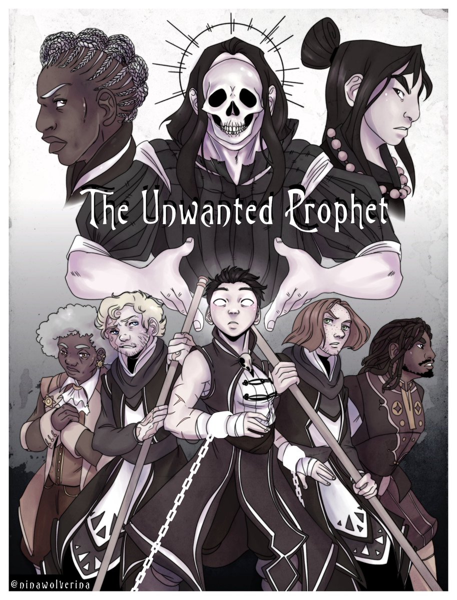 ninawolverina's tweet image. The Unwanted Prophet! It's a book I wrote! If you've seen art of any of these characters floating around, that's what they're from! Criminals, priests, a cult and a death god - all of that and more, in glorious detail. 

Find out more/buy a copy here: amazon.com/dp/B09KS7BQ45/…