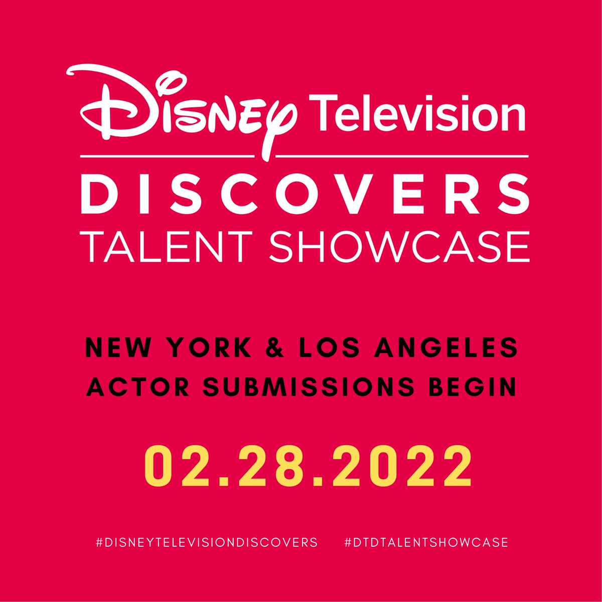 The Disney Television Discovers: Talent Showcase (formerly the ABC Discovers: Talent Showcase) begins NY & LA Actor Submissions next week on Monday 02.28.22. Stay tuned for more info! #DisneyTelevisionDiscovers #DTDTalentShowcase